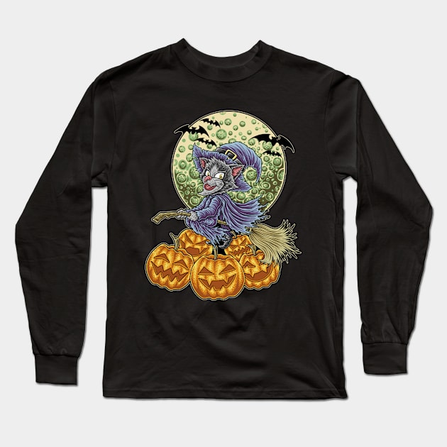 Cat Witch Halloween Pumpkin for Cat Lover Long Sleeve T-Shirt by Cholzar